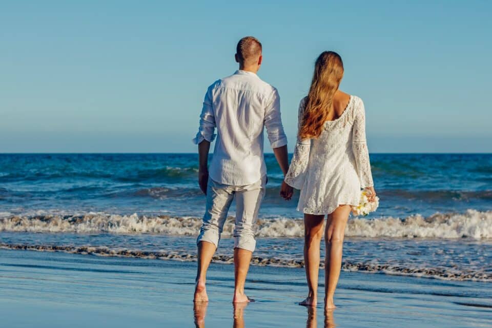 Homme et femme amoureux à la plage, vu de dos, se tenant la main les pieds nus dans le sable mouillé