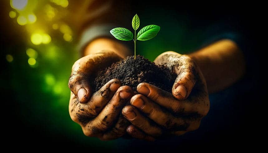 Mains jointe tenant un tas de terre, au centre duquel sort une petite pousse verte avec 3 feuilles